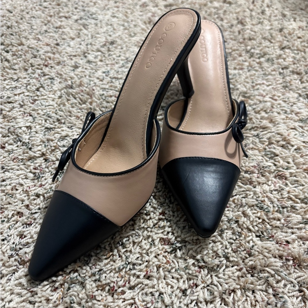 Coutgo Women's Bow Tie Two-Tone Pointed Toe Kitten Heel Mules Size 8